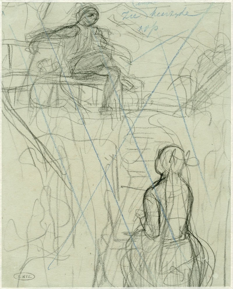 August Allebé - Doorgekraste schetsen van een staand en een zittend figuur