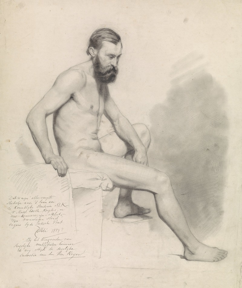 August Allebé - Studie van een zittend mannelijk naakt, naar rechts