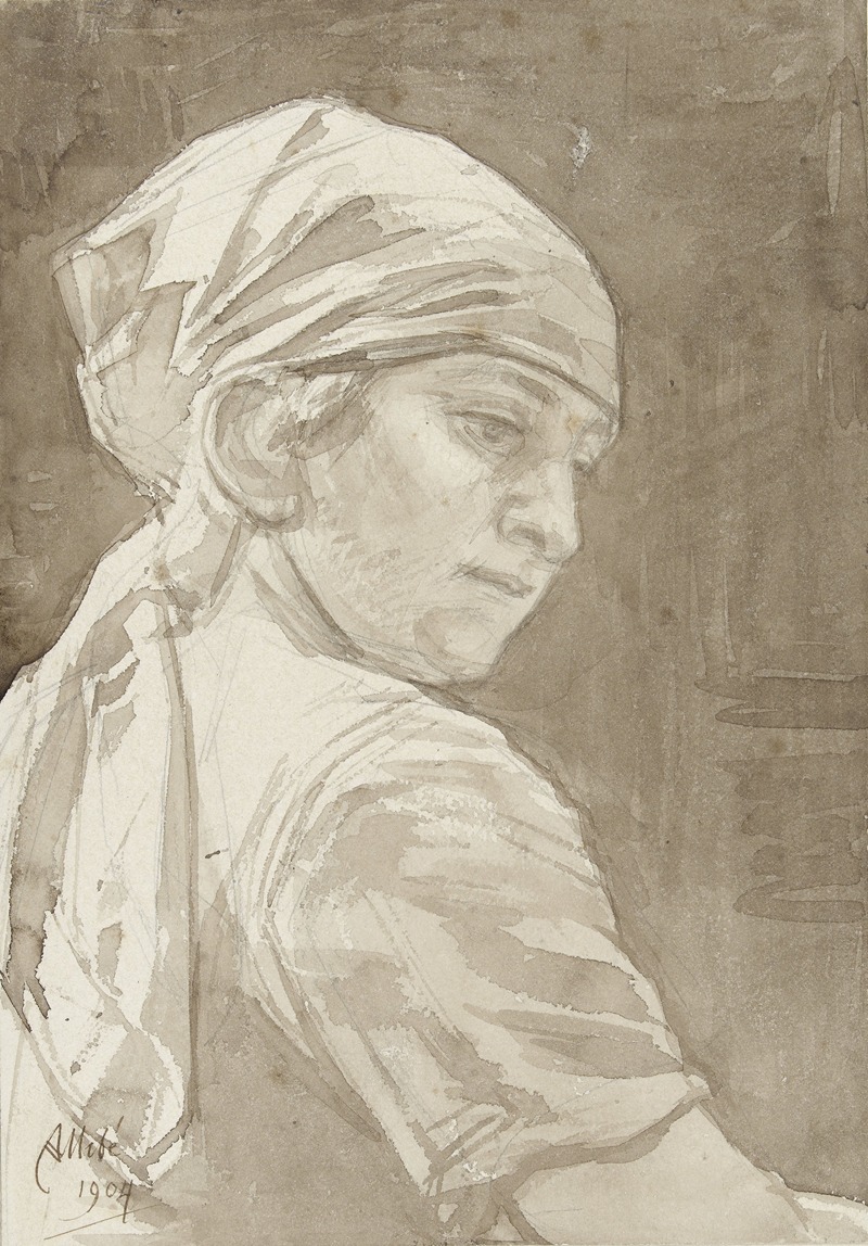 August Allebé - Vrouw met hoofddoek, naar rechts omkijkend