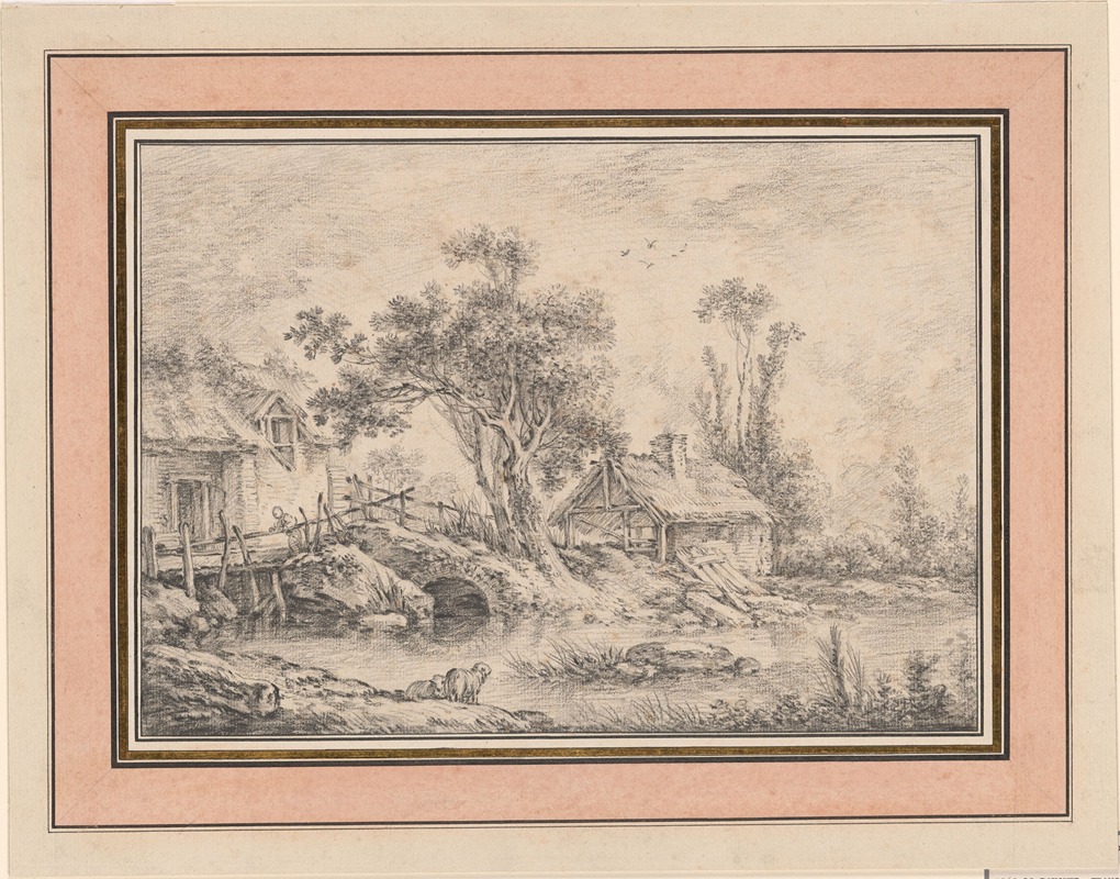 François Boucher - Thatched Mill Cottage and Shed with Two Trees at the Edge of a Stream