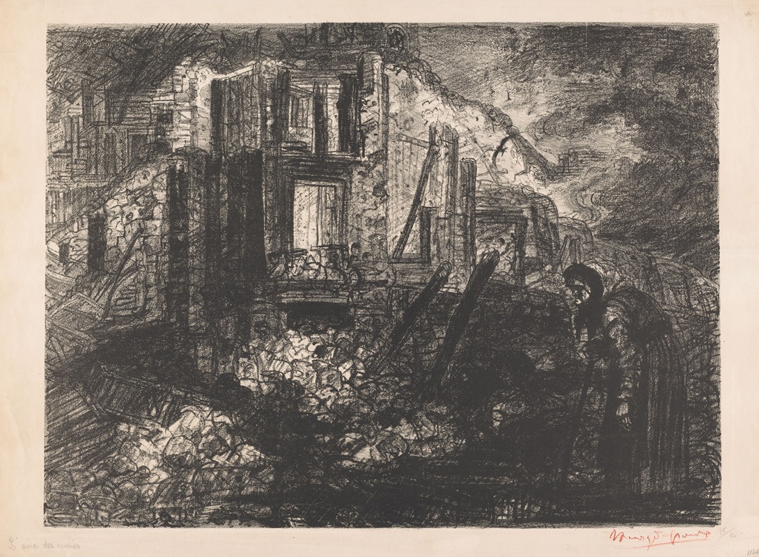 Henri de Groux - Figuur met wandelstok bij gebouwen in puin