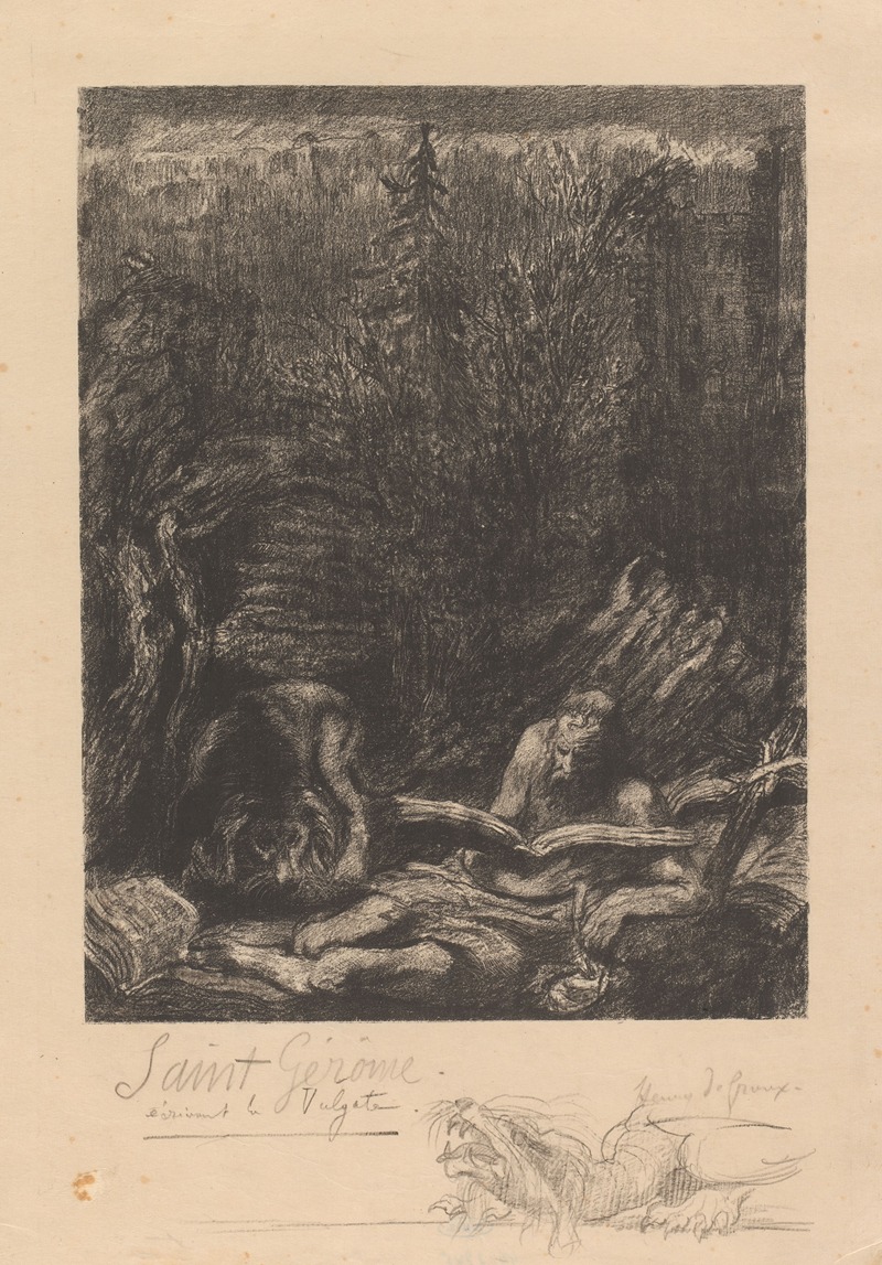 Henri de Groux - Landschap met leeuw en de heilige Hieronymus met boek
