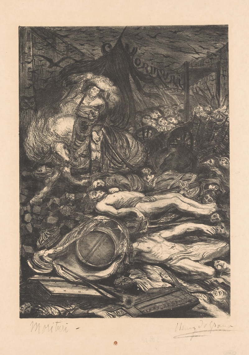 Henri de Groux - Skelet te paard rijdt over gevallen strijders en puin