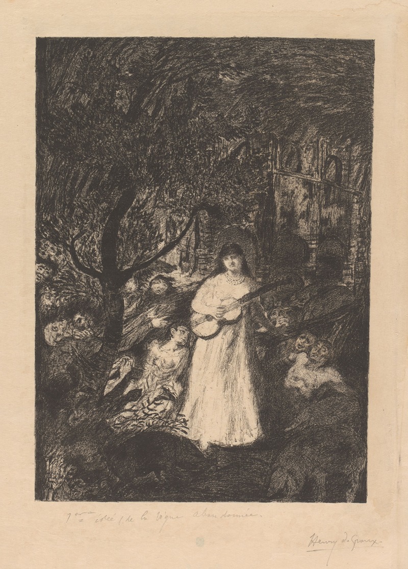 Henri de Groux - Vrouw met gitaar in een bos met figuren