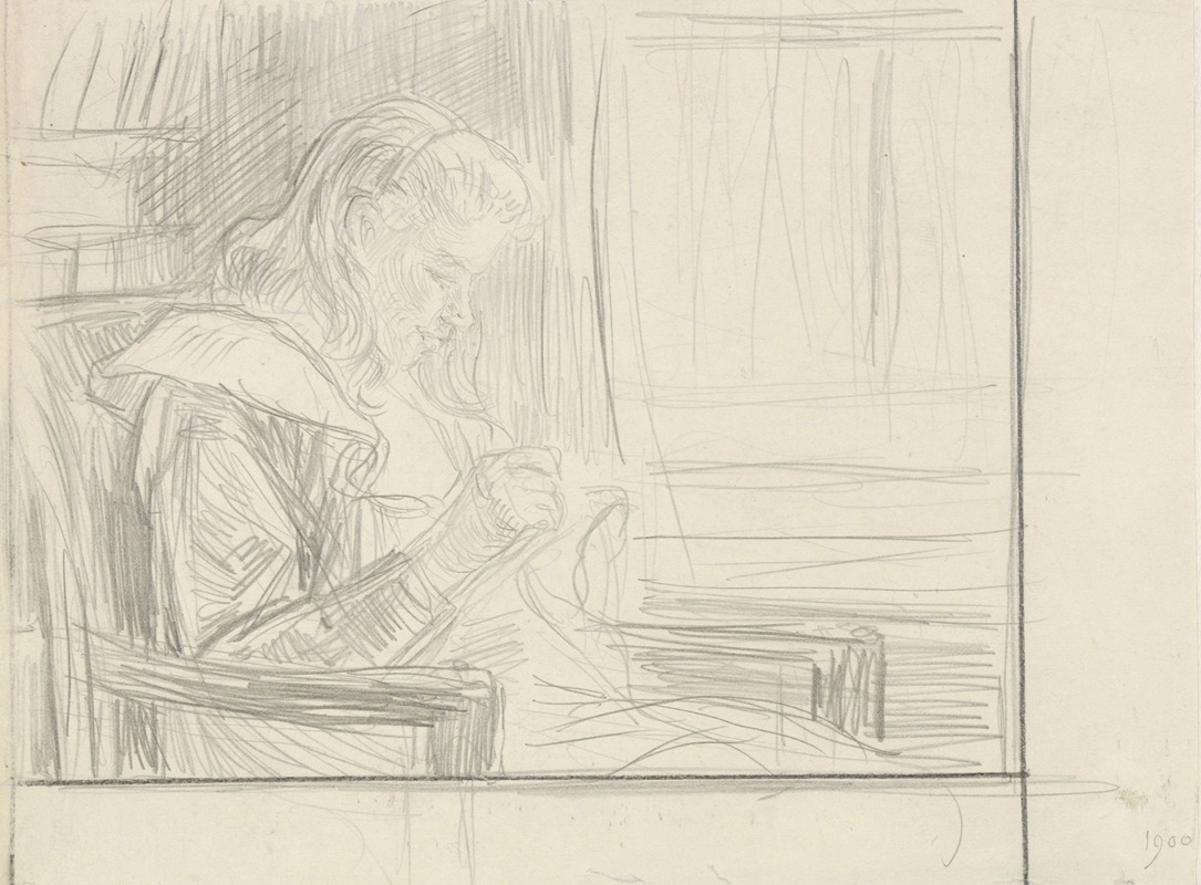 Jan Veth - Handwerkend meisje in stoel bij het raam