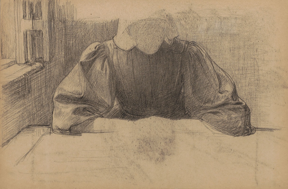Jan Veth - Vrouw met een boerenmuts gezeten aan een tafel bij een raam