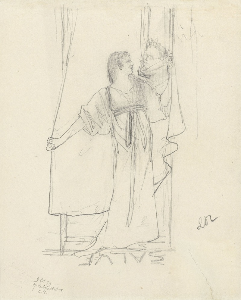 Lawrence Alma-Tadema - Staande vrouw sprekend met man achter gordijn