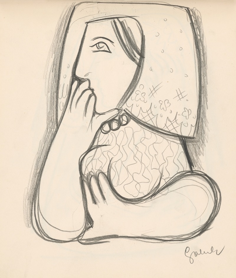 Mikuláš Galanda - Žena v kvetovanej šatke s podopretou bradou