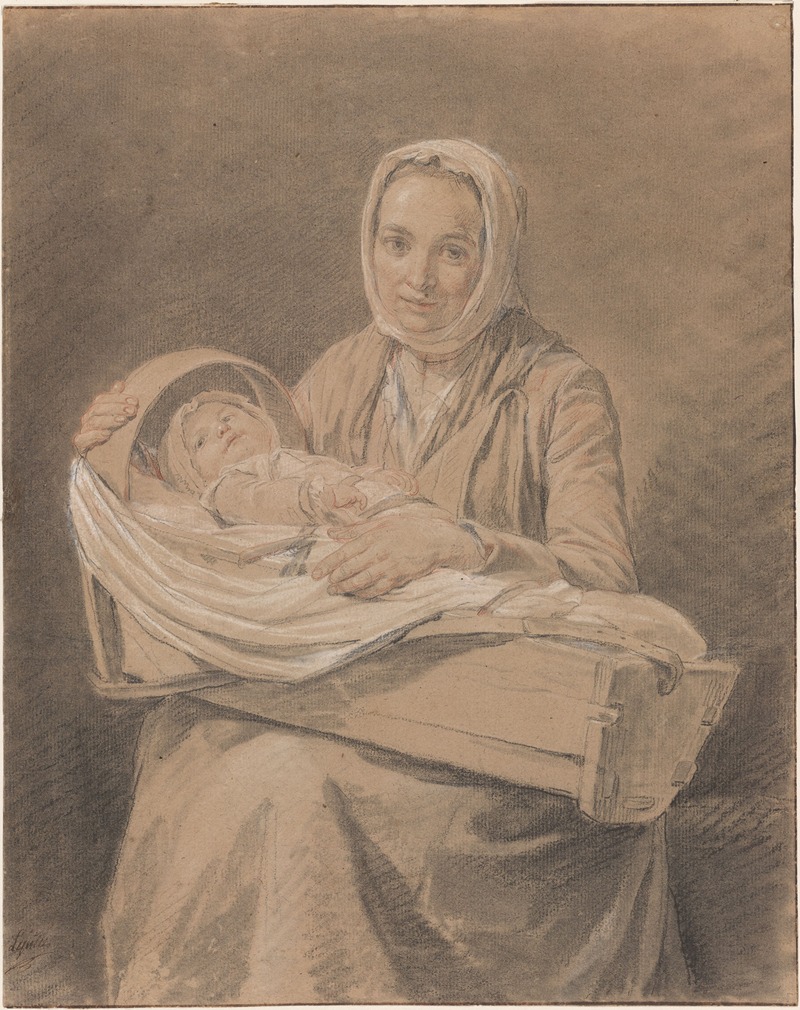 Nicolas Bernard Lépicié - Young Mother Seated, Holding her Baby in a Portable Crib on her Knees
