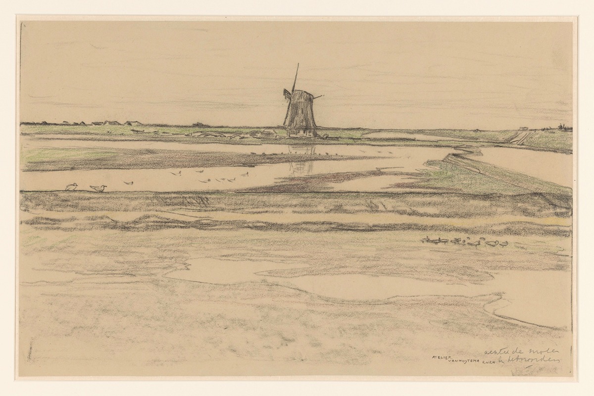 Theo van Hoytema - Landschap met poldermolen Het Noorden in polder Het Noorden op Texel