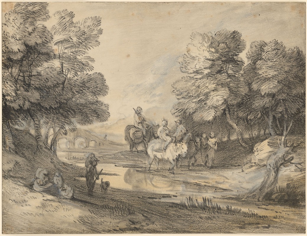 Thomas Gainsborough - Wooded Landscape with Horseman, Figures, and Bridge