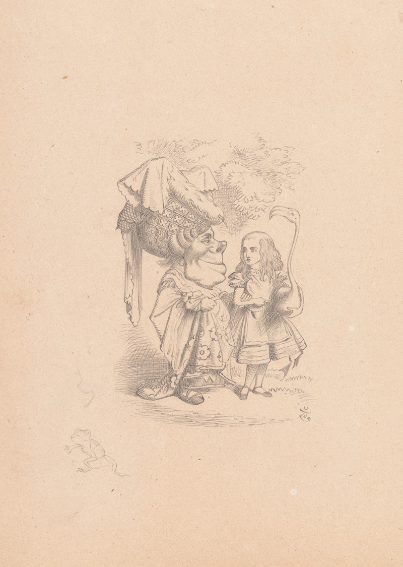 Sir John Tenniel - Drawing of Alice (with flamingo) chats with the Duches