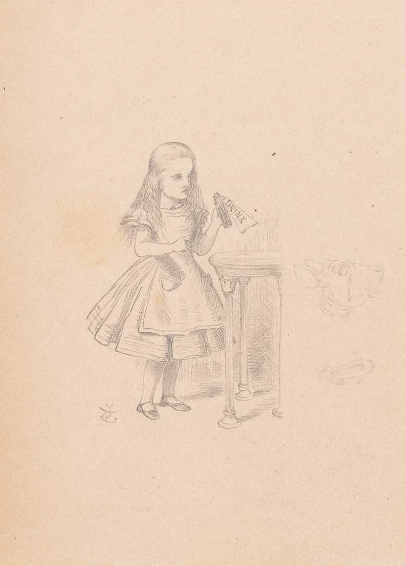 Sir John Tenniel - Drawing of Alice finds a bottle labelled ‘Drink Me’