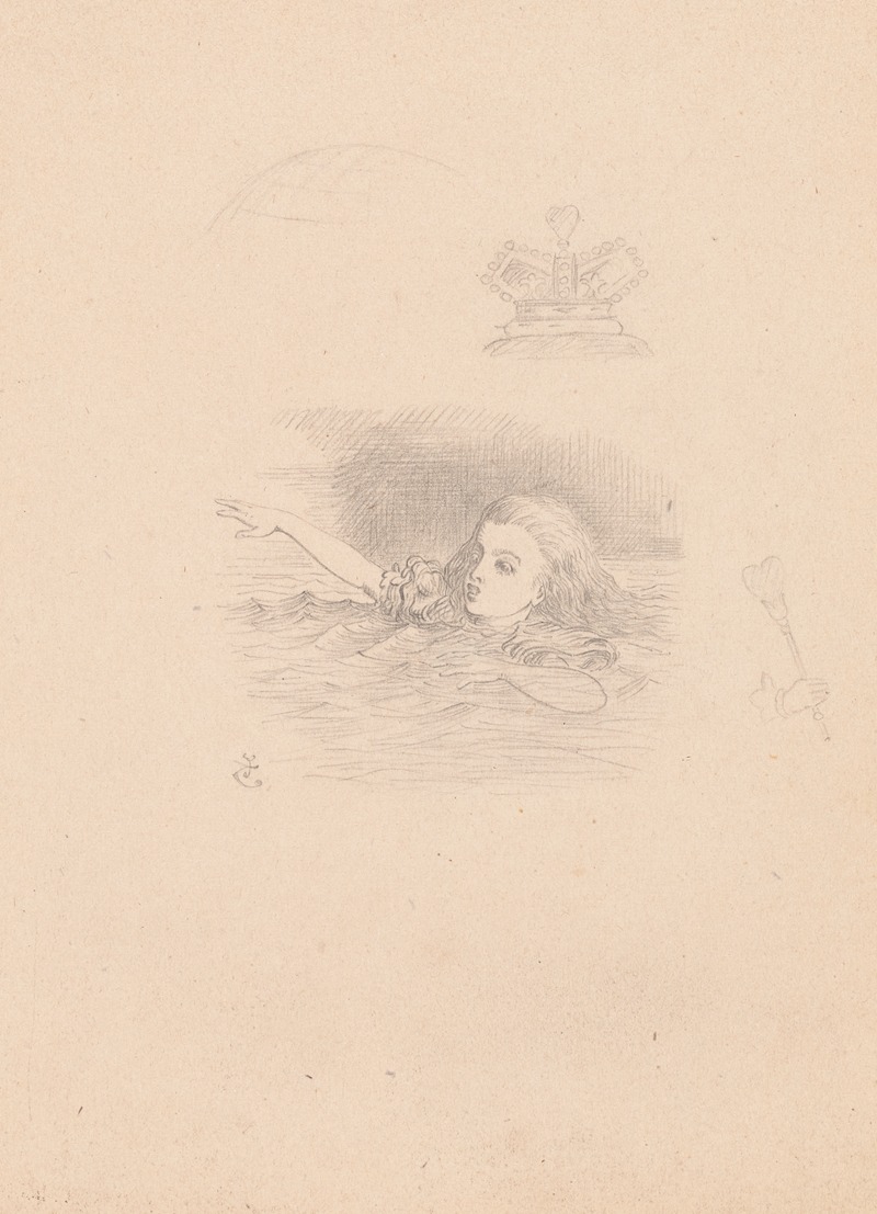 Sir John Tenniel - Drawing of Alice swimming