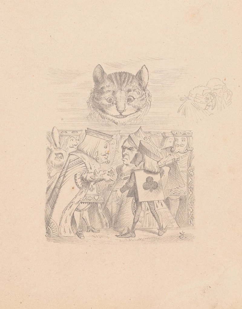 Sir John Tenniel - Drawing of the Cheshire Cat in the Sky with Executioner, King and Queen below