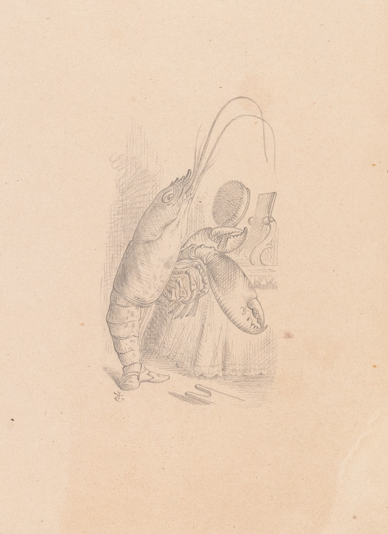 Sir John Tenniel - Drawing of the Lobster primping before a mirror