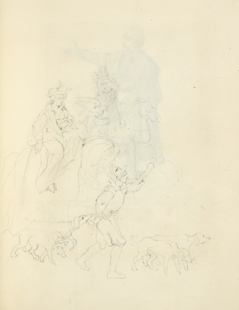 Stewart Watson - A man on horseback with a falcon, a man on foot, and four dogs