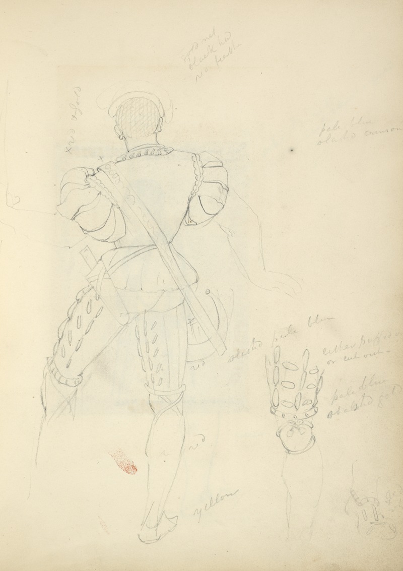 Stewart Watson - Back view of a man in breeches and doublet, with horn and knife in a sheath; detail of leg and foot