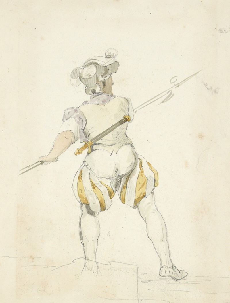 Stewart Watson - Back view of a man in pantaloons, tights and hat drawing back a spear