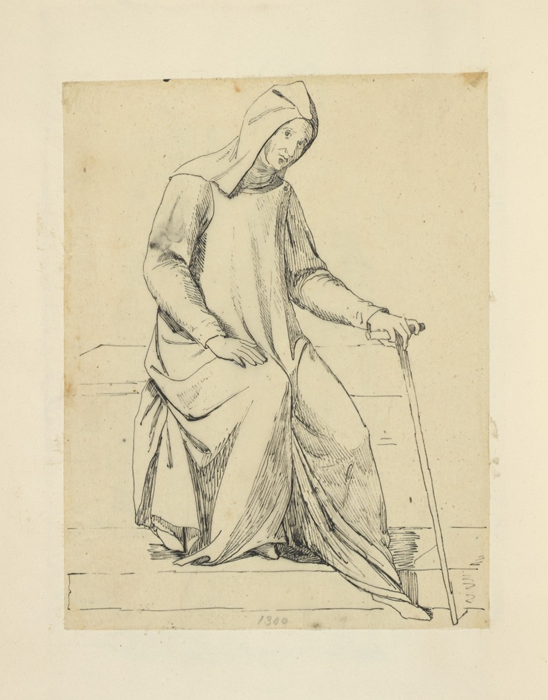 Stewart Watson - Capuchin monk in long tunic and hood holding a cane, 1300