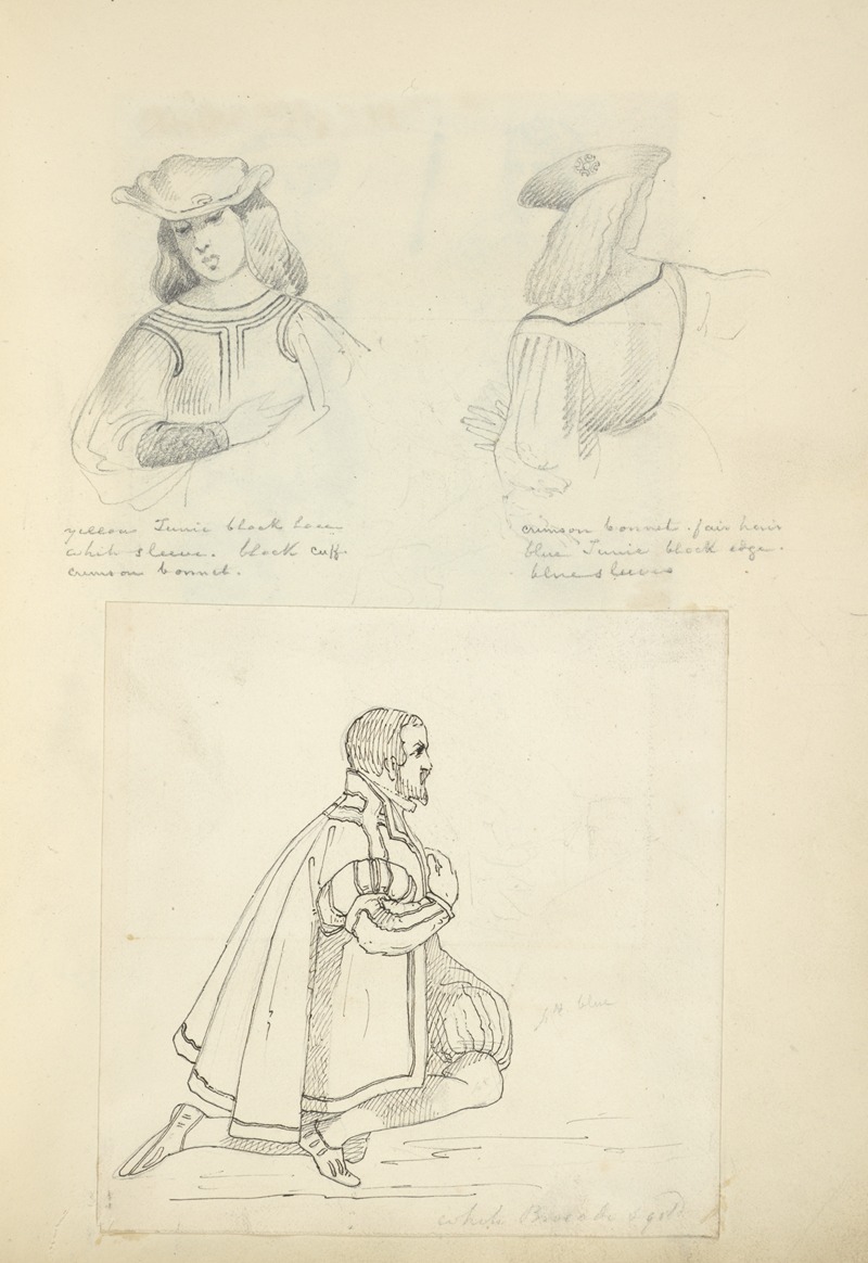 Stewart Watson - Front view of young man in hat; Back view of young man in hat; Man kneeling, in cape and breeches