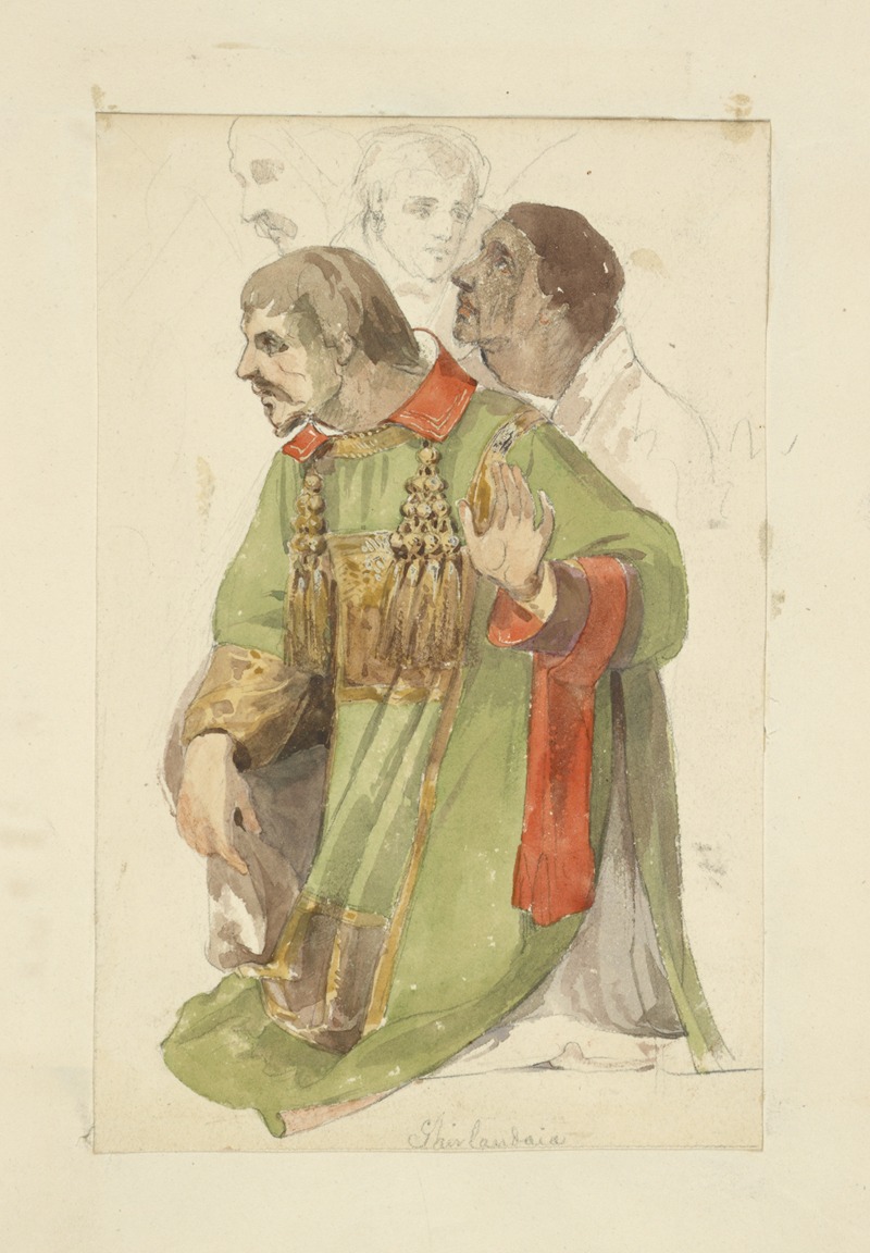 Stewart Watson - Man in green tunic with tassels about the neck line, three figures in background, Ghirlandaio