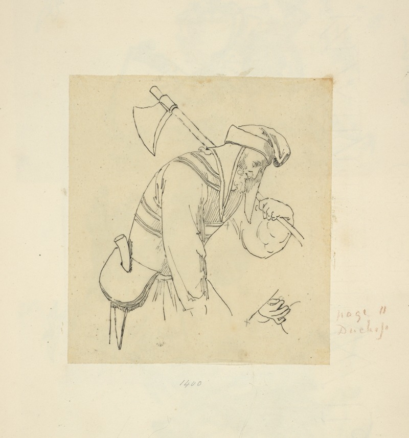 Stewart Watson - Man wearing bonnet with ax and knife sheathed within purse attached to his belt