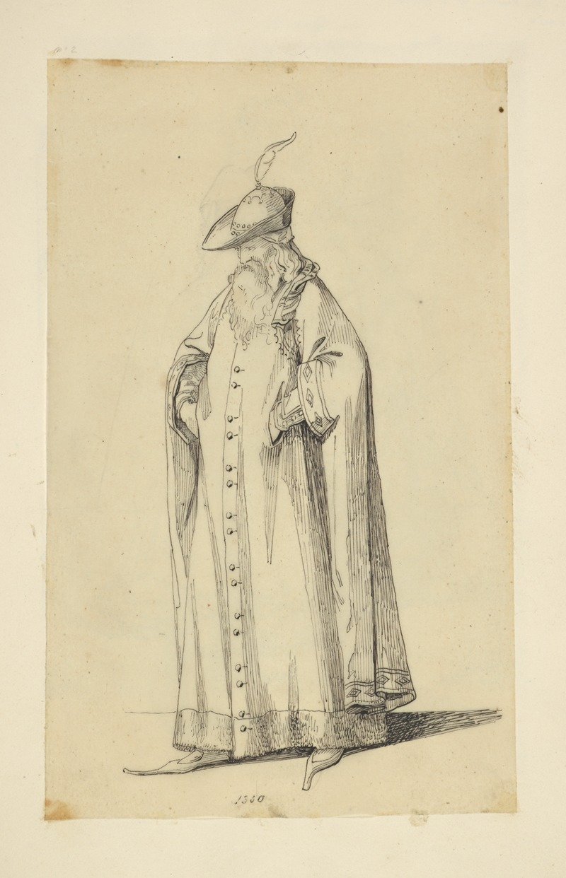Stewart Watson - Man with beard in long cape, hat with plume, and pointed shoes