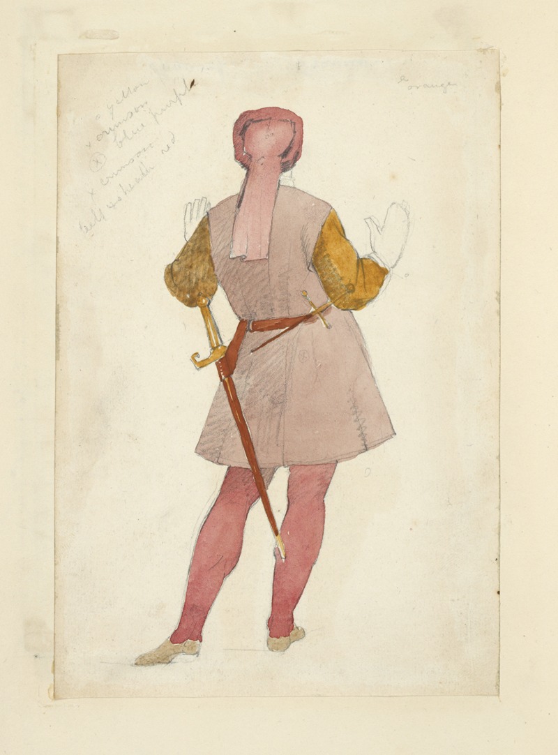 Stewart Watson - Rear view of man in a tunic and belt with sword, tights, gloves and hat with long tail