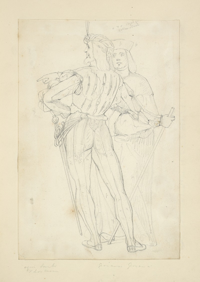 Stewart Watson - Two men, one in back view wearing tights, doublet, sword, a hat with plume, and holding a staff