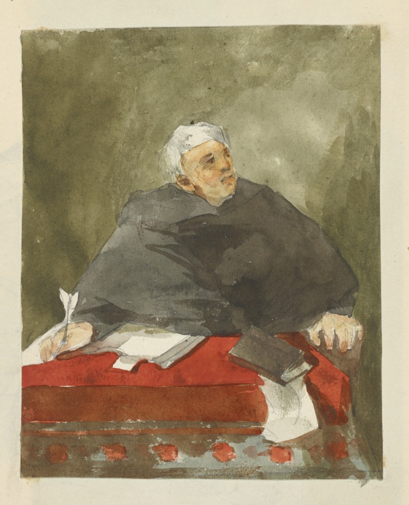 Stewart Watson - White haired man in black robe, seated at a desk and holding a quill pen