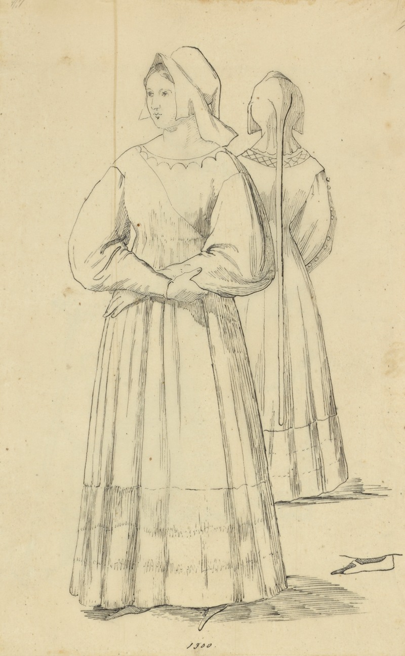 Stewart Watson - Woman in bonnet and long dress with full sleeves, with back view shown in mirror, 1300