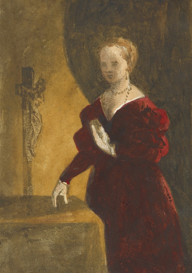 Stewart Watson - Woman in deep red dress holding a book to her chest, standing next to a table, behind which is a crucifix