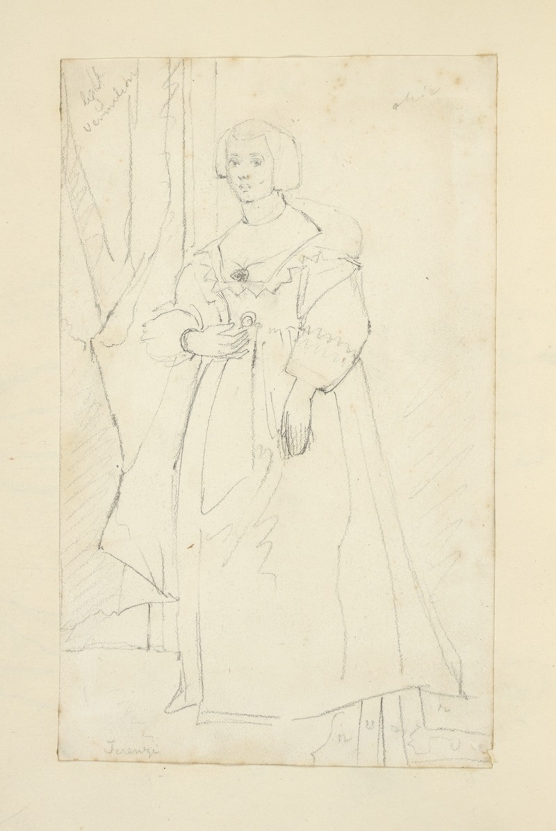 Stewart Watson - Young woman in long dress with fitted bodice, full sleeves, and square, deeply cut neckline