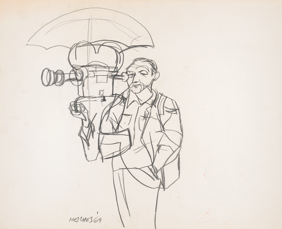 Arnold Mesches - Television news cameraman with umbrella over the camera during the Pueblo hearings in Coronado, California