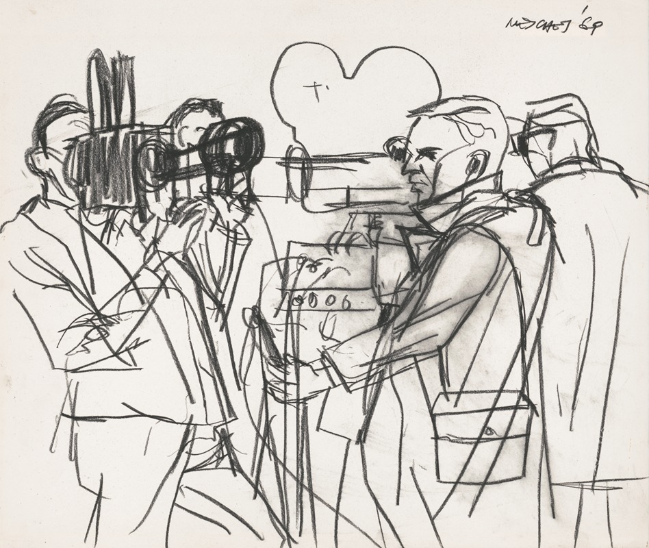 Arnold Mesches - Sketches of television news camermen outdoors during the Pueblo Incident hearings in Coronado, California