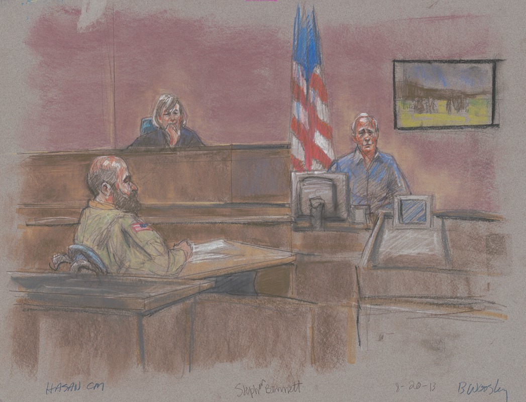 Brigitte Woosley - Defendant Nidal Malik Hasan during his court martial with witness Stephen Bennett and judge