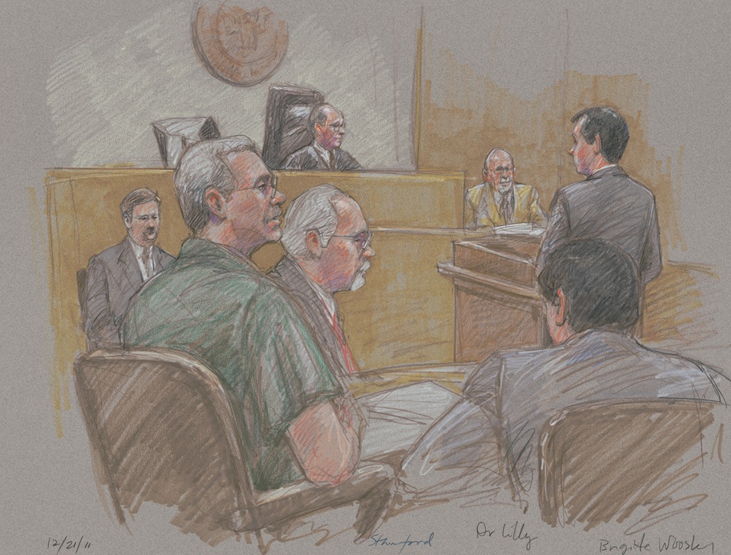 Brigitte Woosley - Robert Allen Stanford, seated in courtroom with lawyers, judge, and others during his trial for financial fraud