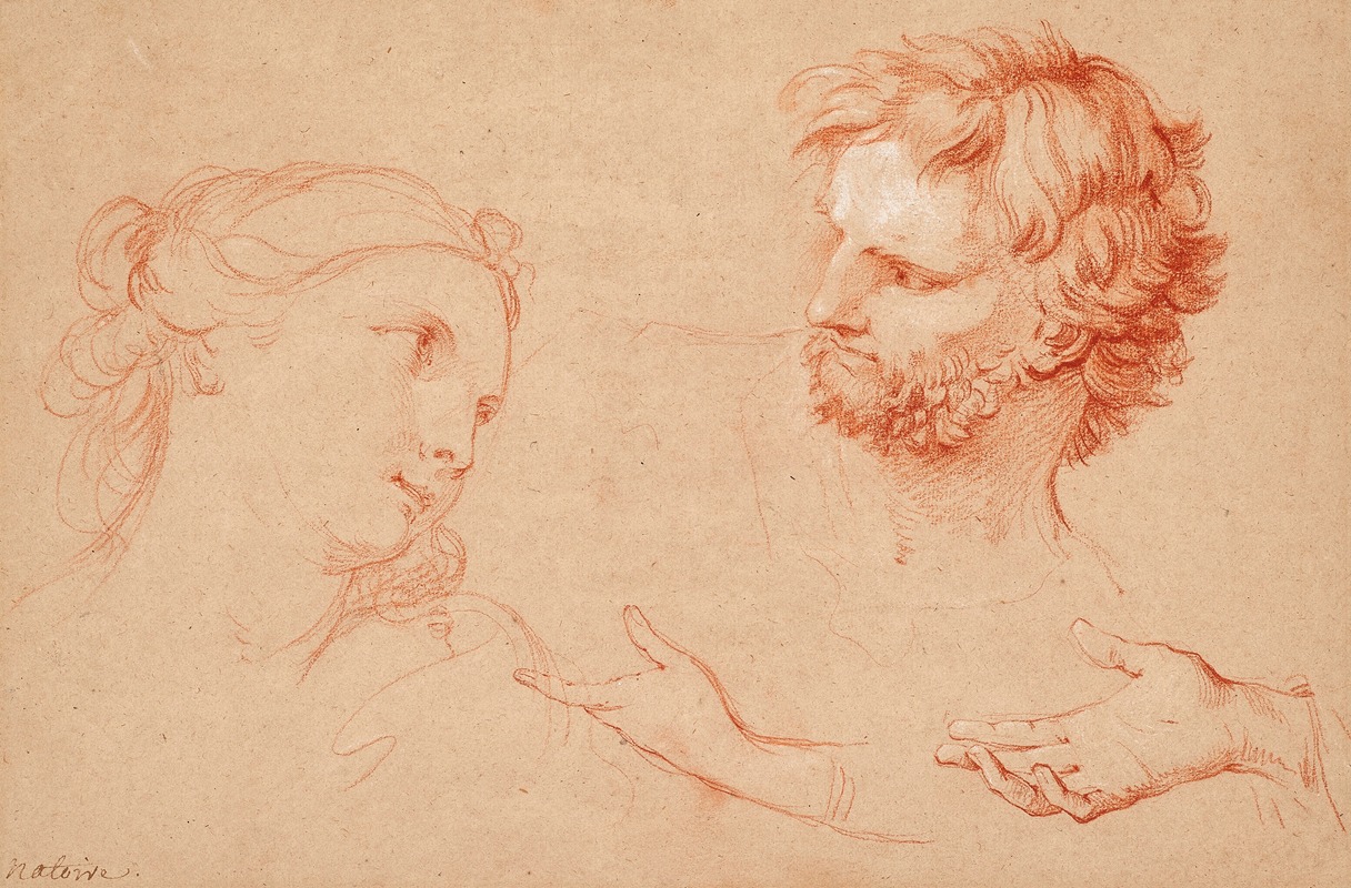 Charles-Joseph Natoire - Studies of the heads of a woman and of a bearded man and studies of hands