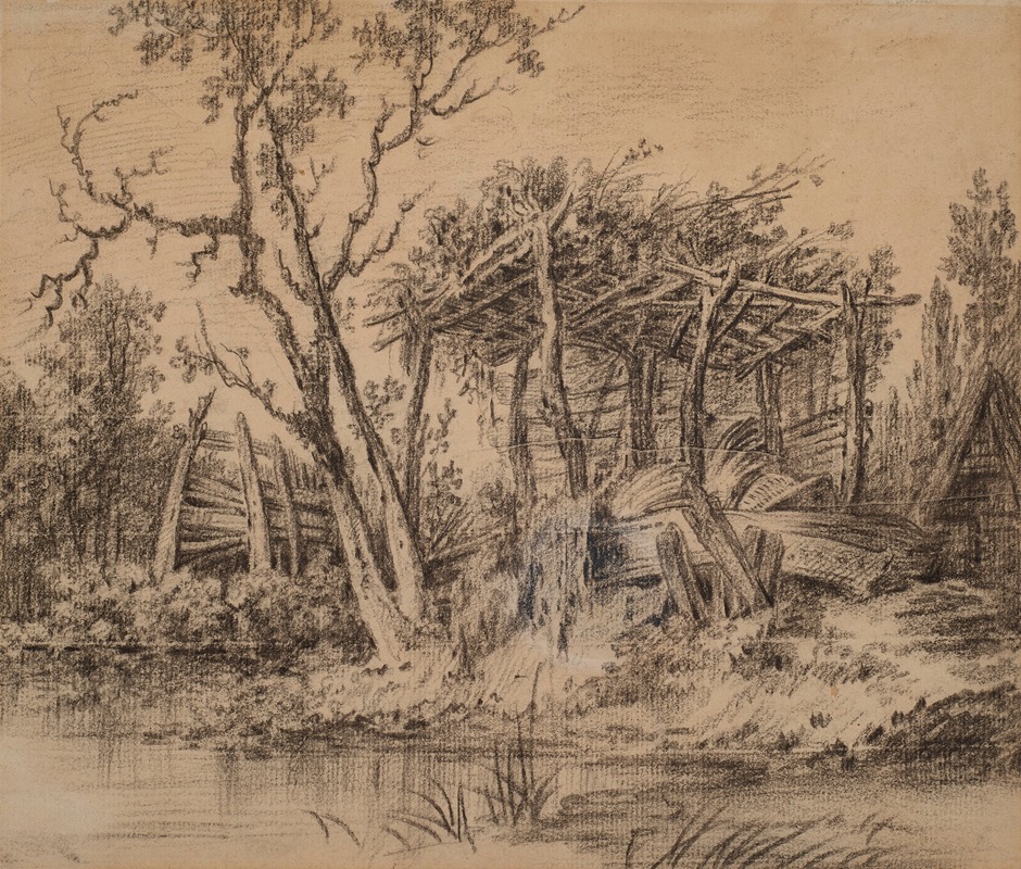 François Boucher - A wooden shelter in picturesque decay by a river