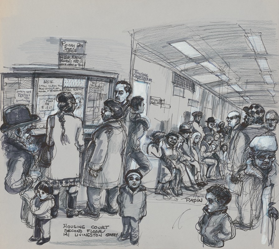 Joseph Papin - Interior view of a corridor at the Kings County Housing Court with many people of all ages waiting outside the “Housing Courtroom”