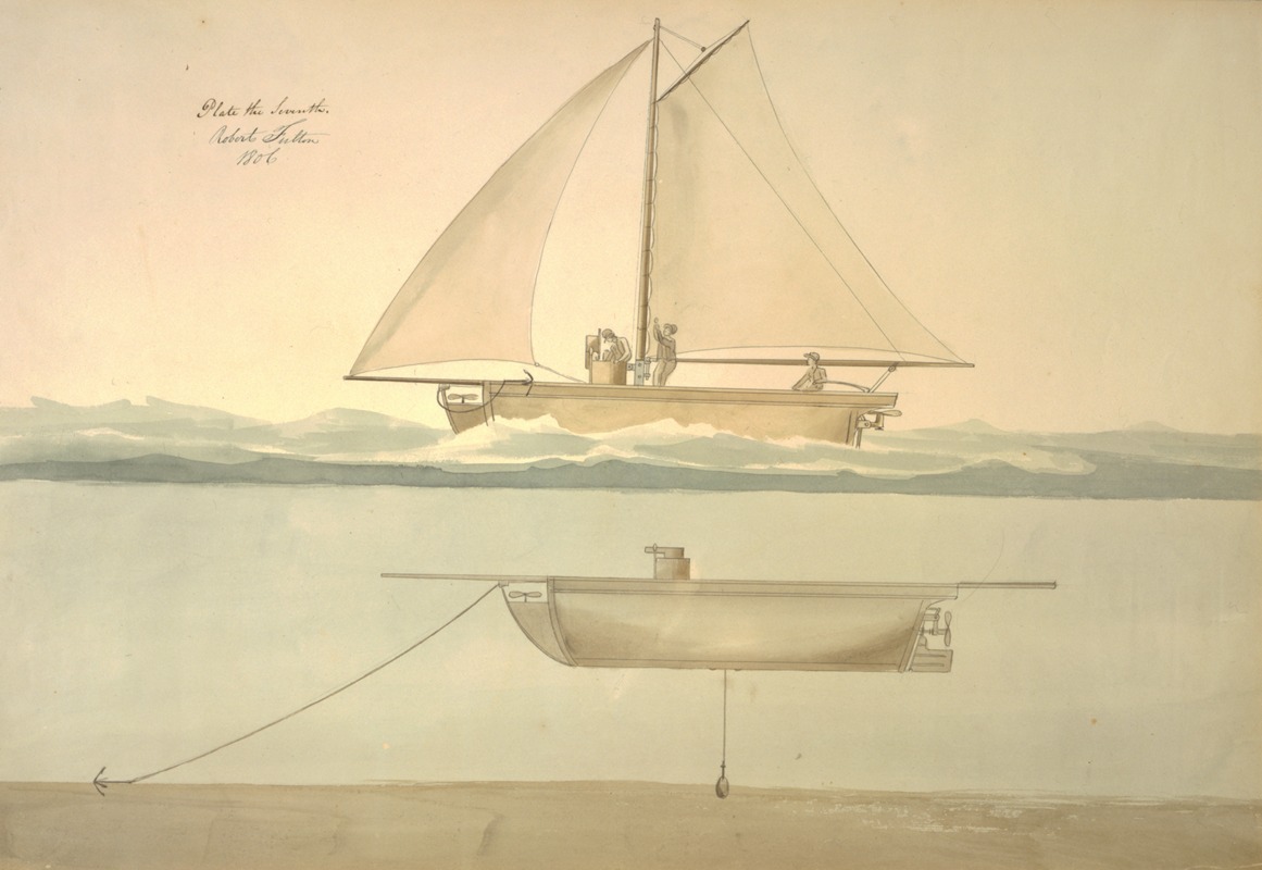 Robert Fulton - Submarine. Vessel under sail and anchored