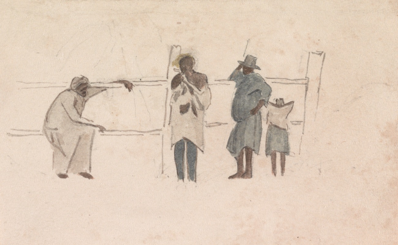 William Berryman - Four Jamaican figures talking at a fence