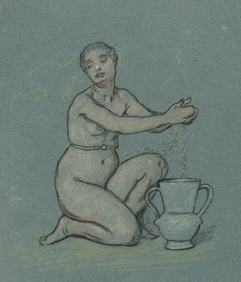Elihu Vedder - Nude girl winnowing wheat into urn