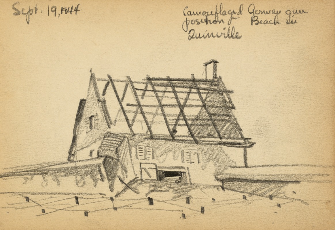 Victor Alfred Lundy - Camouflaged German gun position, beach in Quinéville