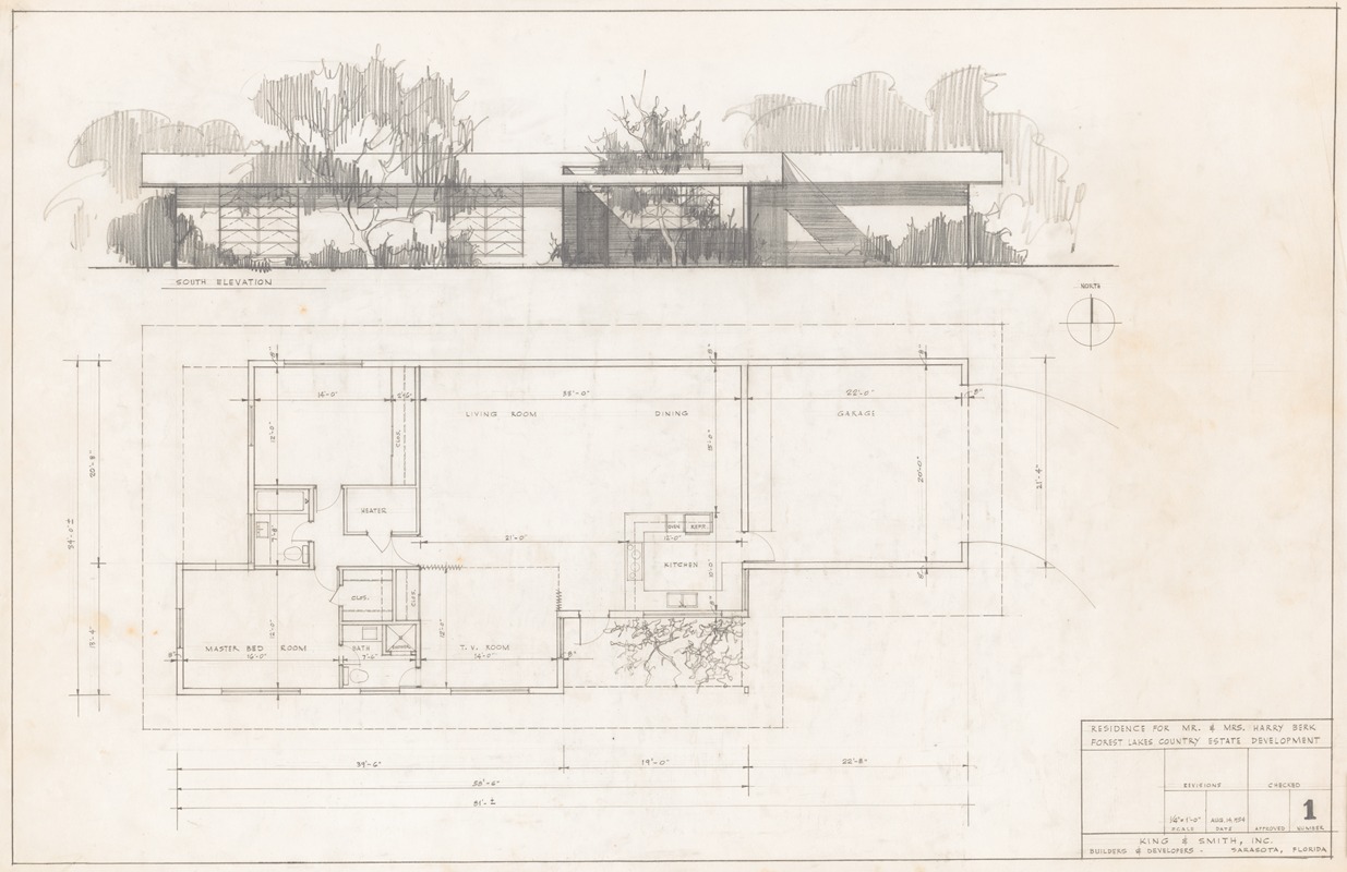 Victor Alfred Lundy - Residence for Mr. and Mrs. Harry Berk, East Lake Drive, Forest Lakes, Sarasota, Florida, Elevation and plan