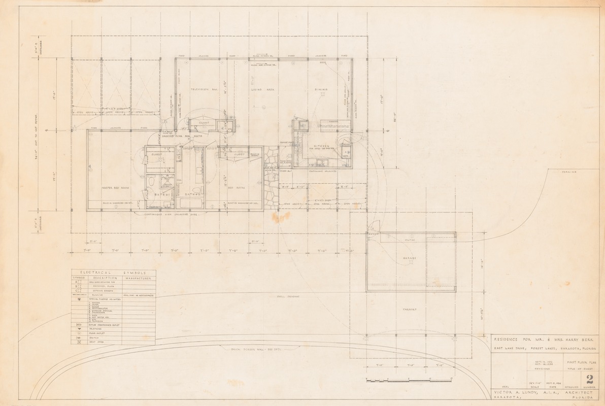 Victor Alfred Lundy - Residence for Mr. and Mrs. Harry Berk, East Lake Drive, Forest Lakes, Sarasota, Florida, First floor plan