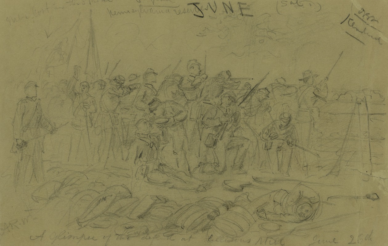 Alfred Rudolph Waud - A glimpse of the defeat at Ellisons Mill June 26th