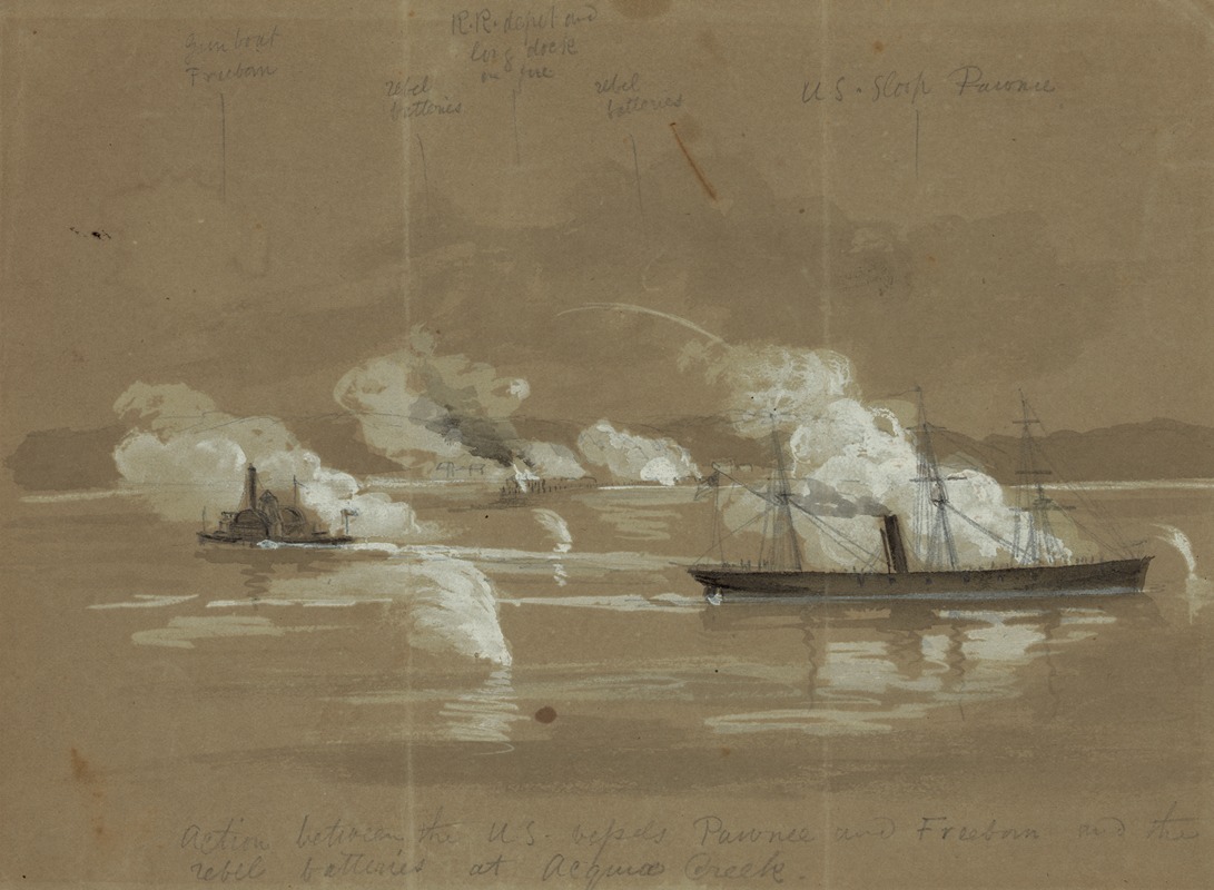 Alfred Rudolph Waud - Action between the U.S. vessels Pawnee and Freeborn and the rebel batteries at Acquia Creek