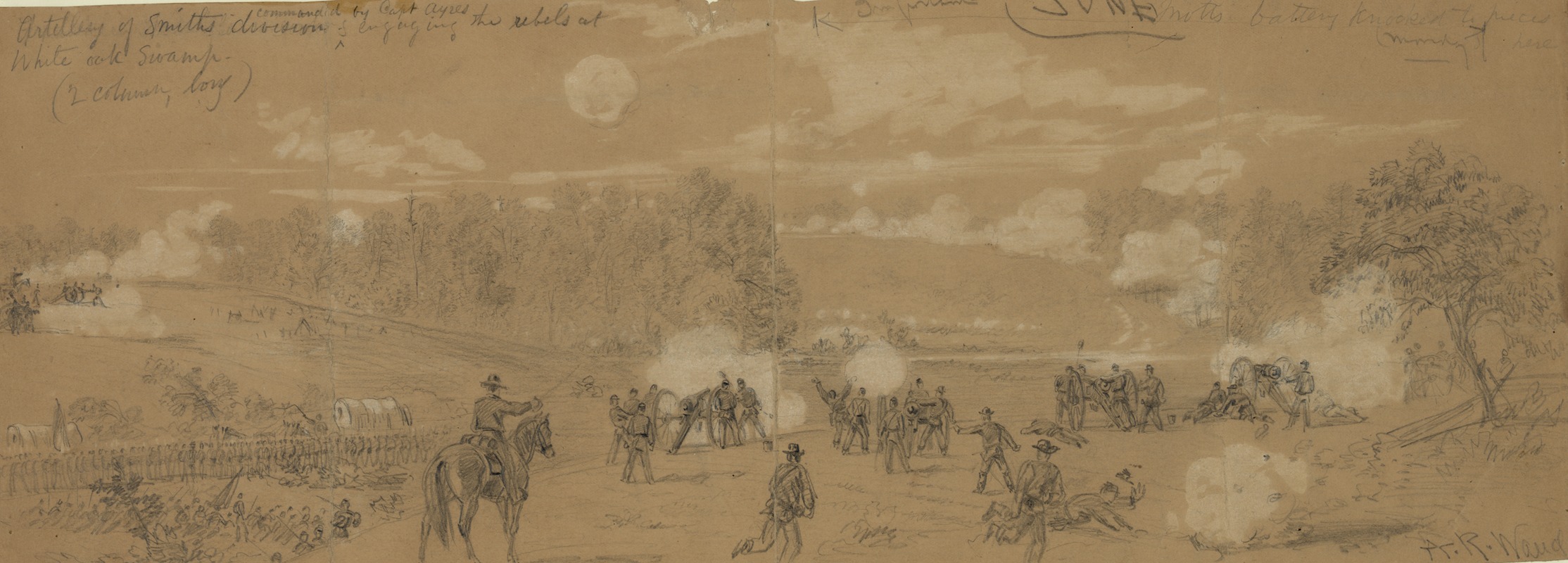 Alfred Rudolph Waud - Artillery of Smith’s division commanded by Capt. Ayres engaging the rebels at White Oak Swamp
